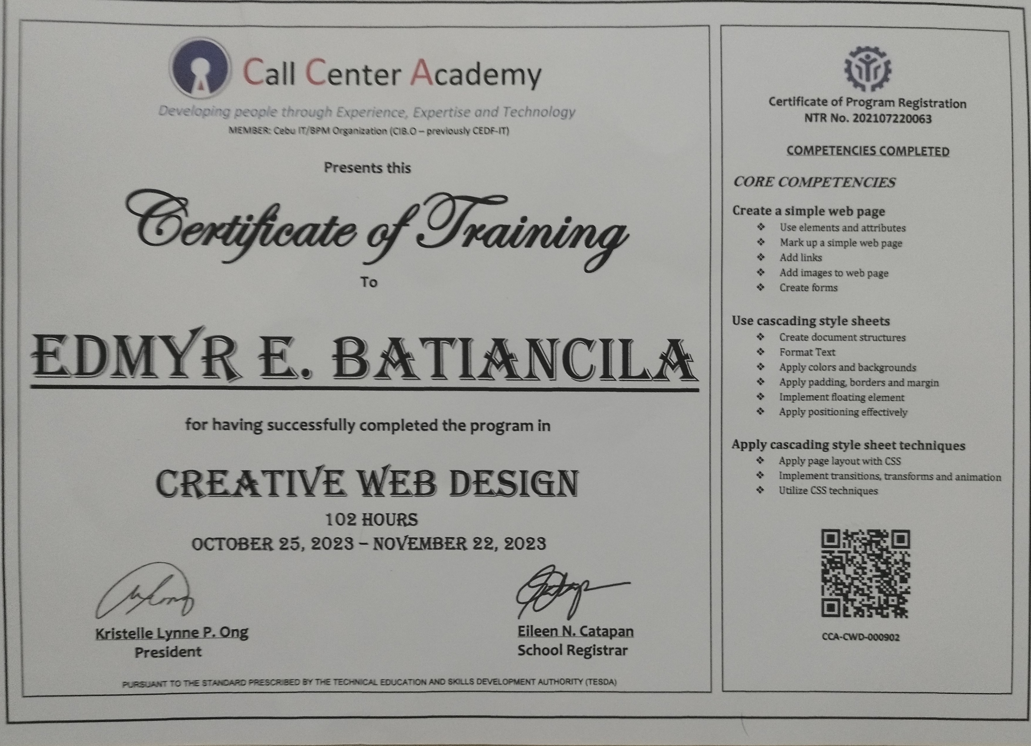Certificate Creative Web Design